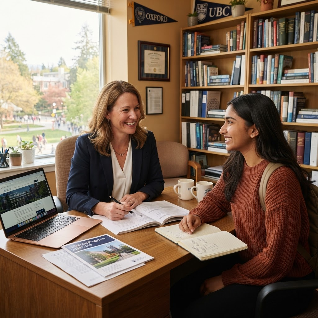 Education counsellor advising a student across a desk
