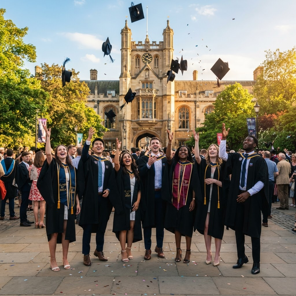Joyful university graduates celebrating and throwing their caps in the air