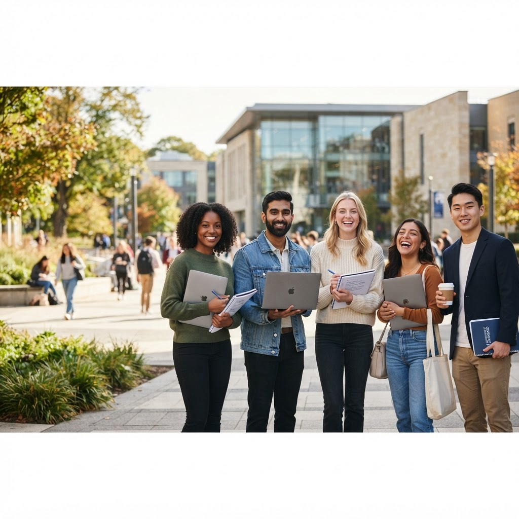 Diverse group of confident university students together on campus
